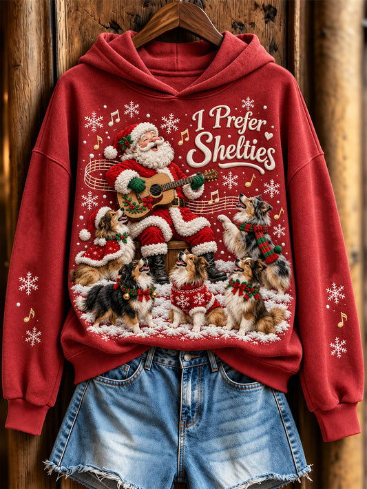 Women's Christmas Music Theme Santa Claus And Shelties Pattern Causal Hoodie