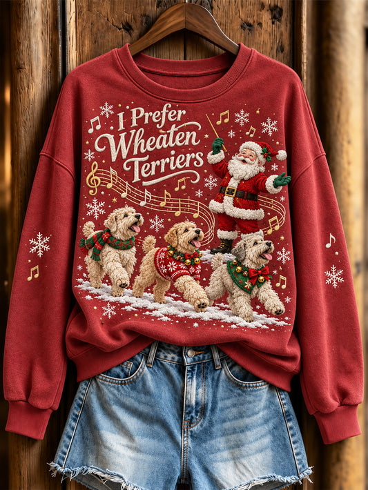 Women's Christmas Music Theme Santa Claus And Wheaten Terriers Pattern Causal Sweatshirt
