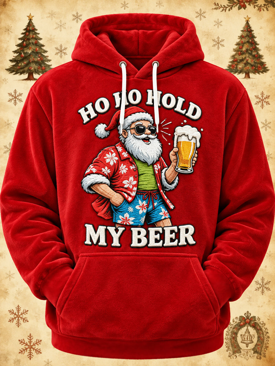 Men's Funny Christmas Ho Ho Hold My Beer Santa Claus Print Casual Flannel Hoodie