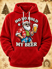 Men's Funny Christmas Ho Ho Hold My Beer Santa Claus Print Casual Flannel Hoodie