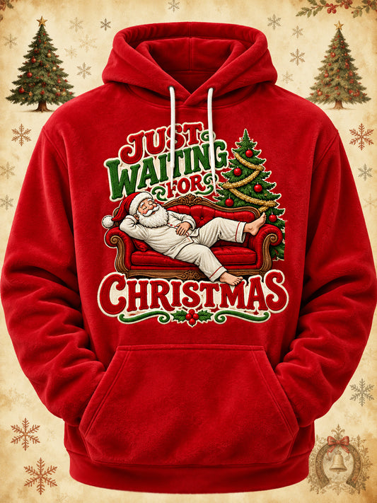 Men's Funny Santa Claus Just Waiting For Christmas Print Casual Flannel Hoodie