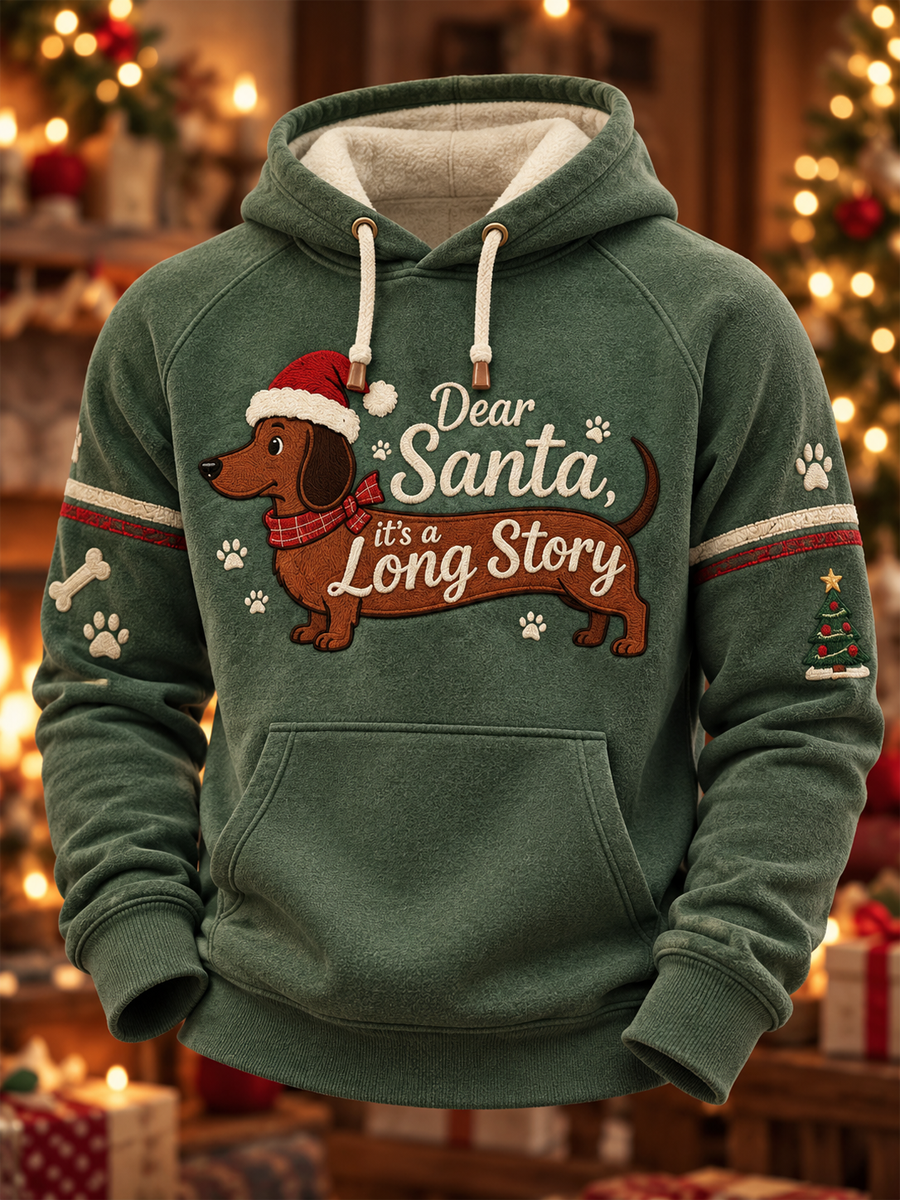 Men's Funny Christmas Xmas Dachshund Printed Velvet Raglan Hoodie