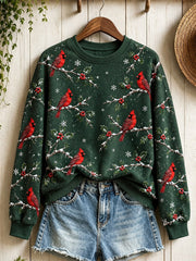 Women's Snowy Winter Red Cardinal Birds on Branches Print Sweatshirt