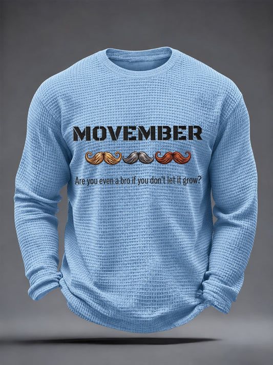 Men's Mustache Print Men's Health Support Graphic Waffle Long Sleeve T-Shirt