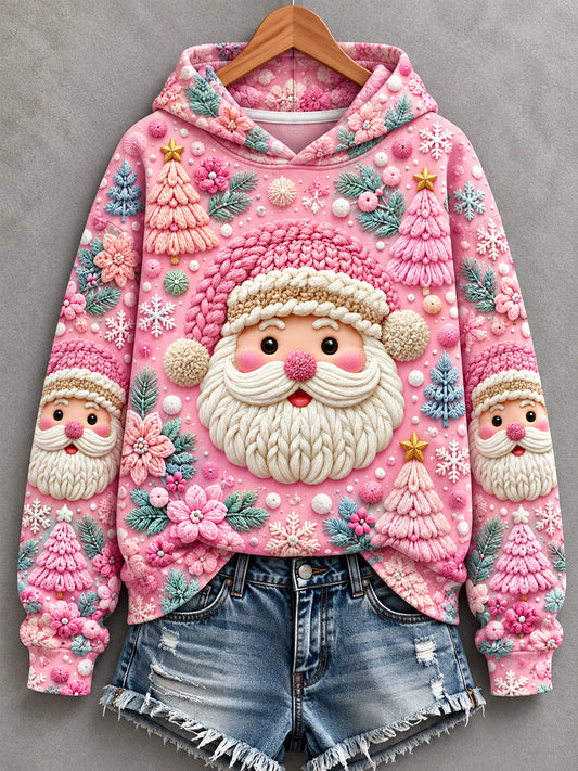 Women's Christmas Pink Santa Claus Print Casual Hoodie