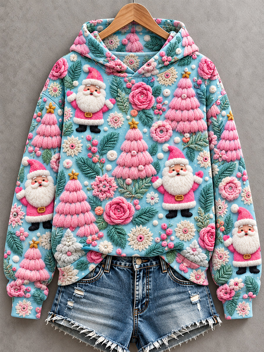 Women's Christmas Pink Santa Claus Print Casual Hoodie