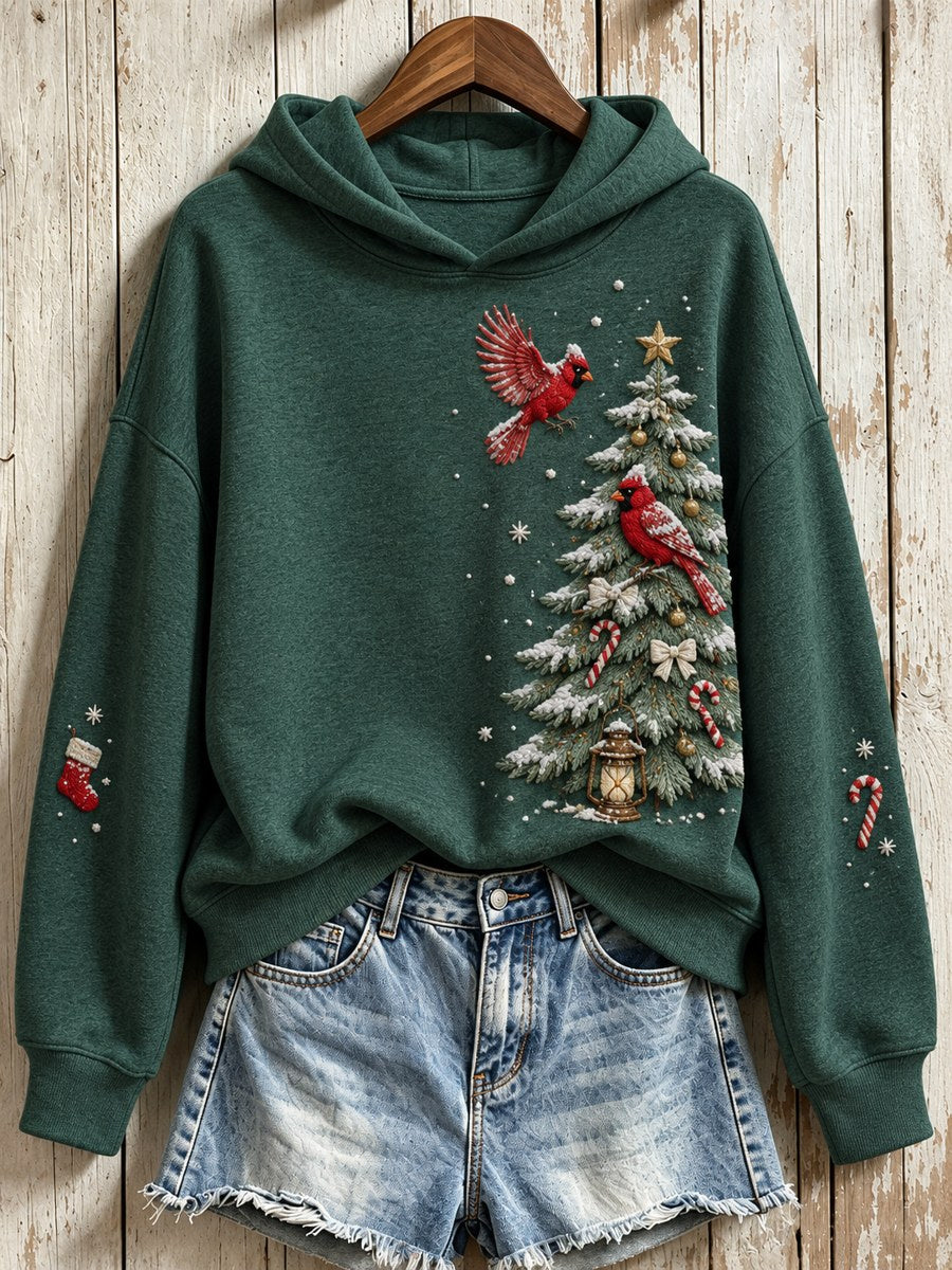 Women's Snowy Winter Christmas Tree & Red Cardinals Print Hoodie