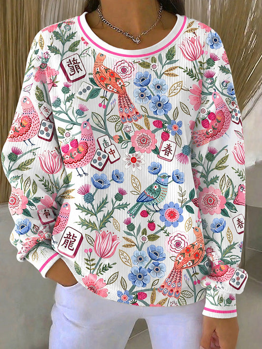 Women's Mahjong and Floral/Bird-Motif Sweatshirts