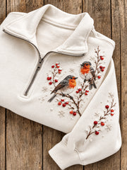 Women's Snowy Winter Robins On Branch Print Zip Up Sweatshirt