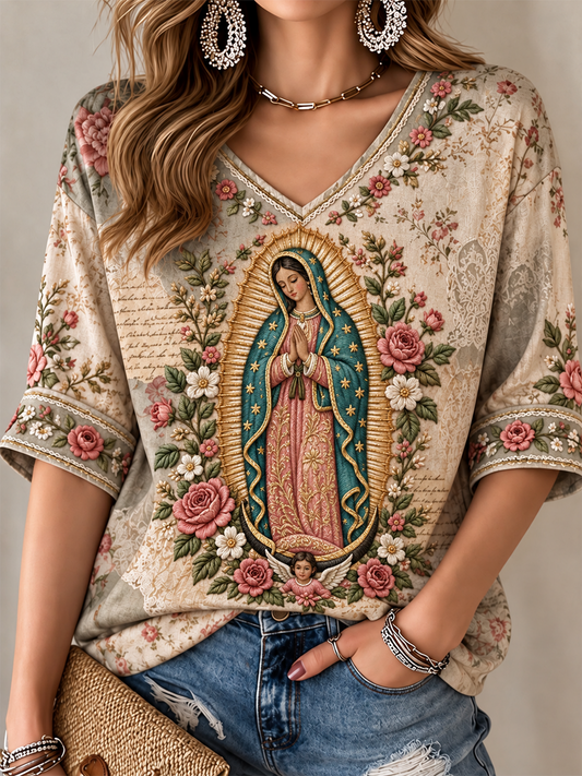 Women's Feast of Our Lady of Guadalupe art Printed Mid-length Sleeves V-Neck T-Shirt