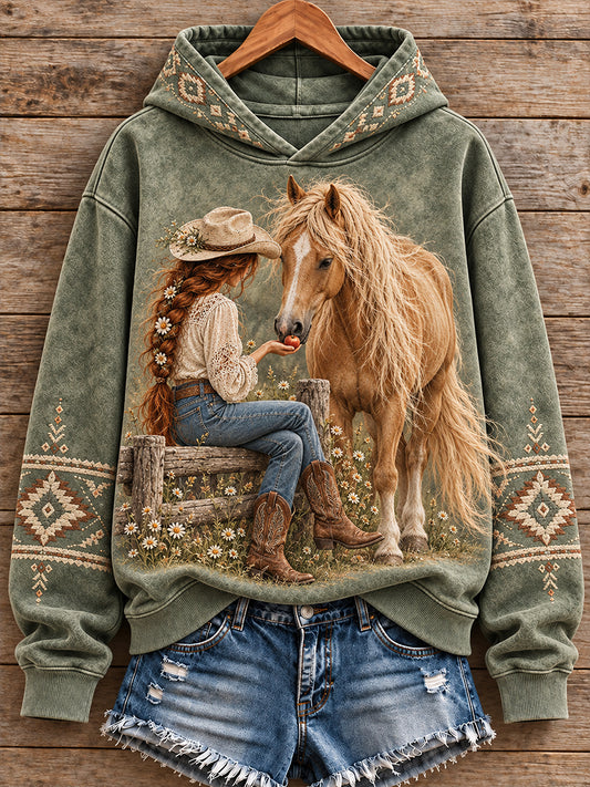 Women's Vintage Western Style Horses Lover Printed Hoodie