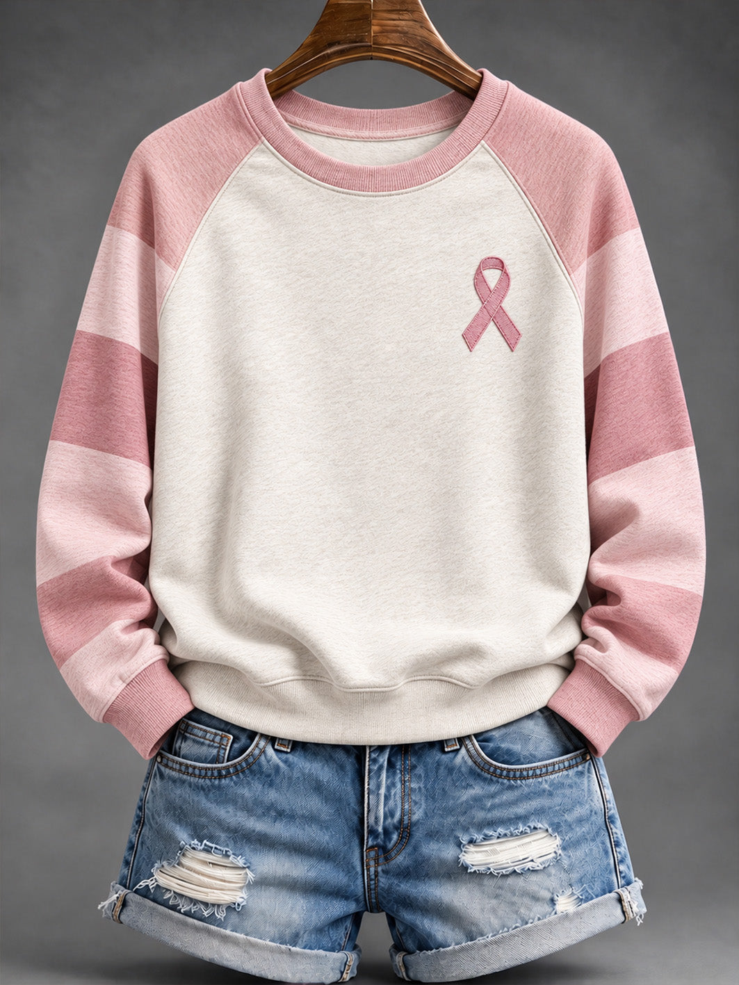 Women's Pink Striped and Pink Charity Ribbon Pattern Casual Raglan Sleeve Sweatshirt