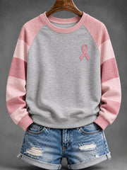 Women's Pink Striped and Pink Charity Ribbon Pattern Casual Raglan Sleeve Sweatshirt