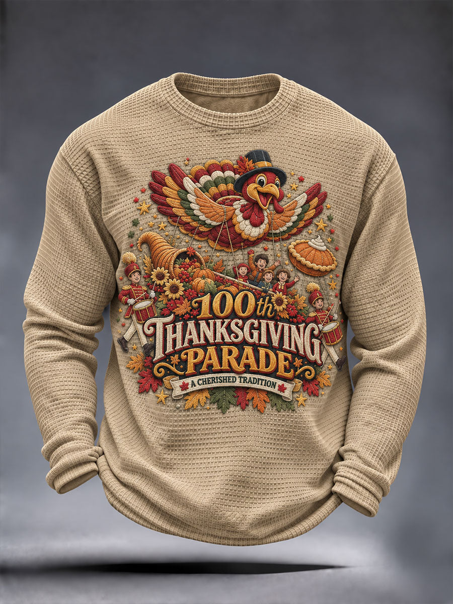Men's Thanksgiving Parade Print Casual Waffle Long Sleeve T-Shirt