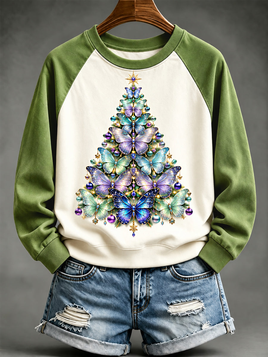 Women's Beautiful Butterfly Christmas Tree Print Casual Sweatshirt