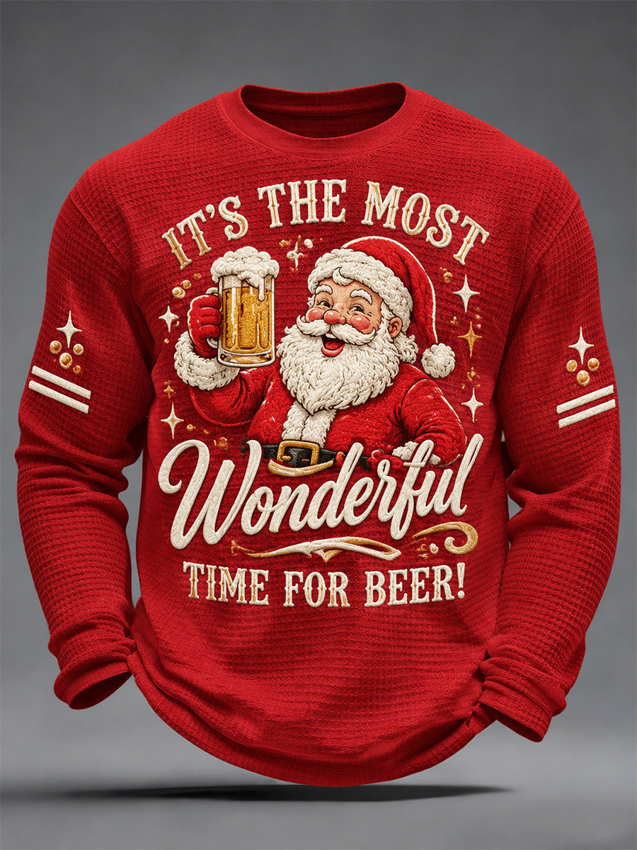 Men's Women's Its The Most Wonderful Time Of Beer Print Waffle Long Sleeve Top