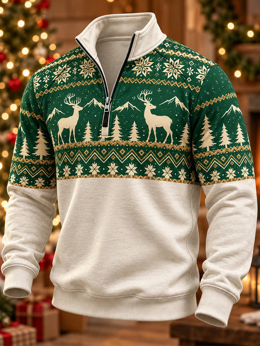 Men's Christmas Deer Print Casual Zipper Pullover