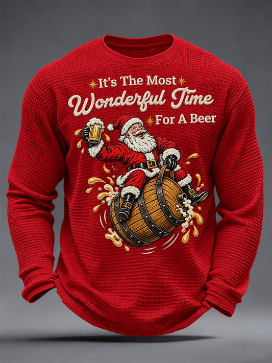 Men's Christmas Print Waffle Long Sleeve Top