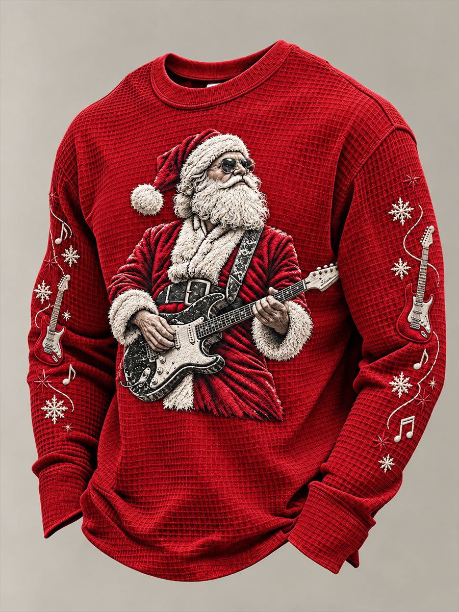Men's Guitar Rock Santa Claus Print Waffle Sweatshirt