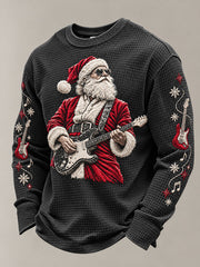 Men's Guitar Rock Santa Claus Print Waffle Sweatshirt