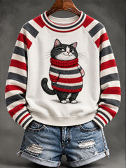 Women's Winter Sweater With Cat Print Sweatshirt