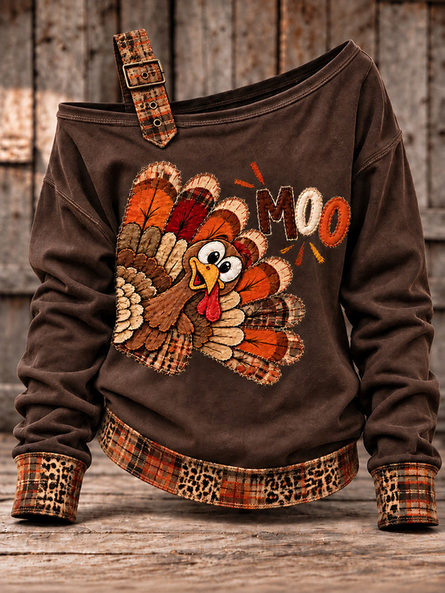 Women's Cute Thanksgiving Turkey Face Art  Casual Off-Shoulder Sweatshirt