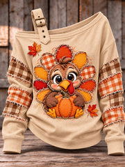 Women's Cute Thanksgiving Turkey Face Art  Casual Off-Shoulder Sweatshirt