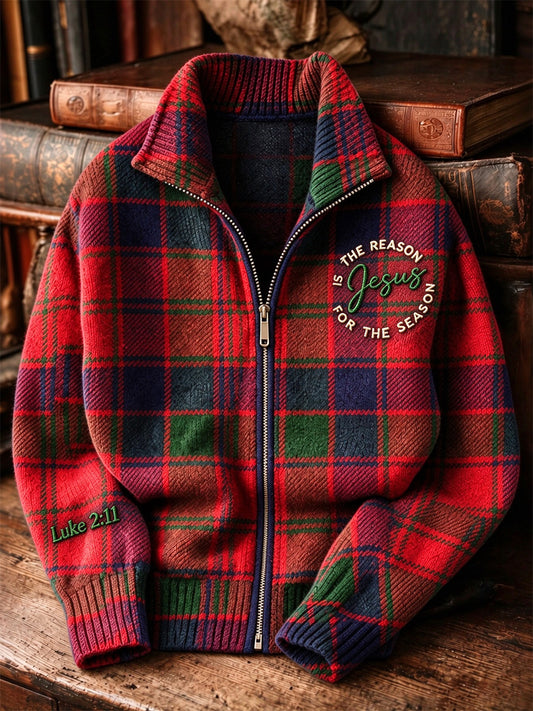 Men's Vintage Christmas Faith Plaid Print Zip-Up Knit Jacket