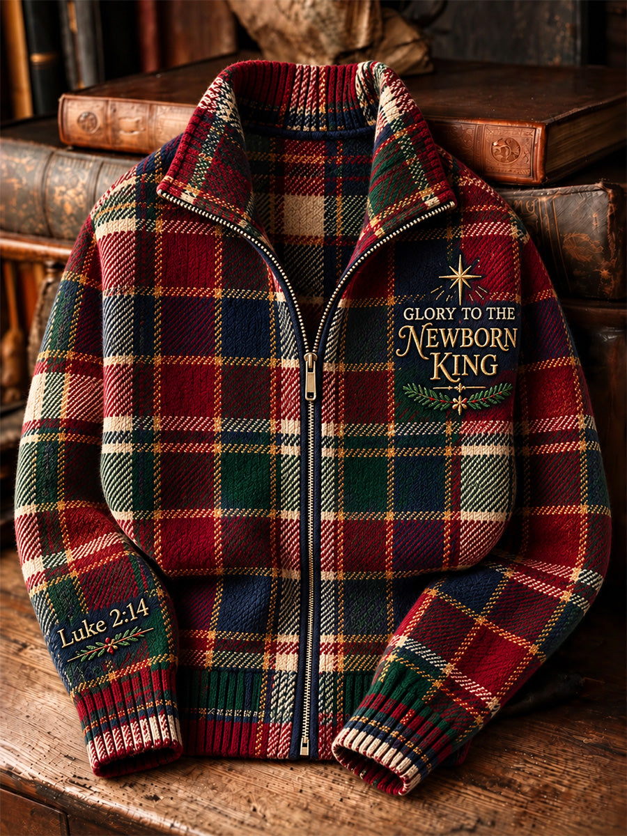 Men's Vintage Christmas Faith Plaid Print Zip-Up Knit Jacket