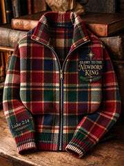 Men's Vintage Christmas Faith Plaid Print Zip-Up Knit Jacket