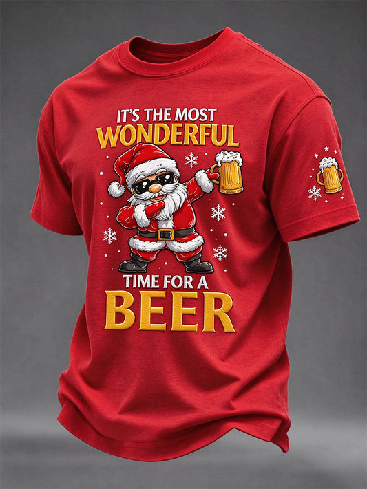 Men's Funny Santa Claus It's The Most Wonderful Time For A Beer Print Casual Tee