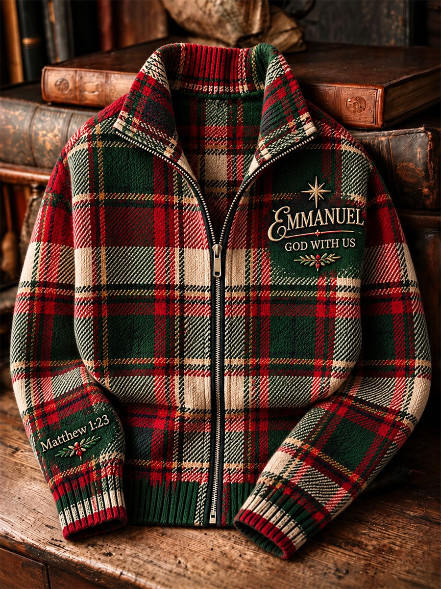 Men's Vintage Christmas Faith Plaid Print Zip-Up Knit Jacket