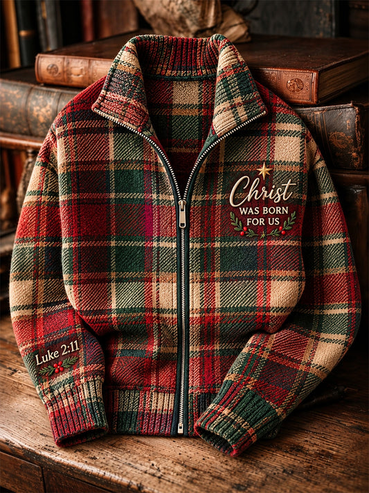 Men's Vintage Christmas Faith Plaid Print Zip-Up Knit Jacket