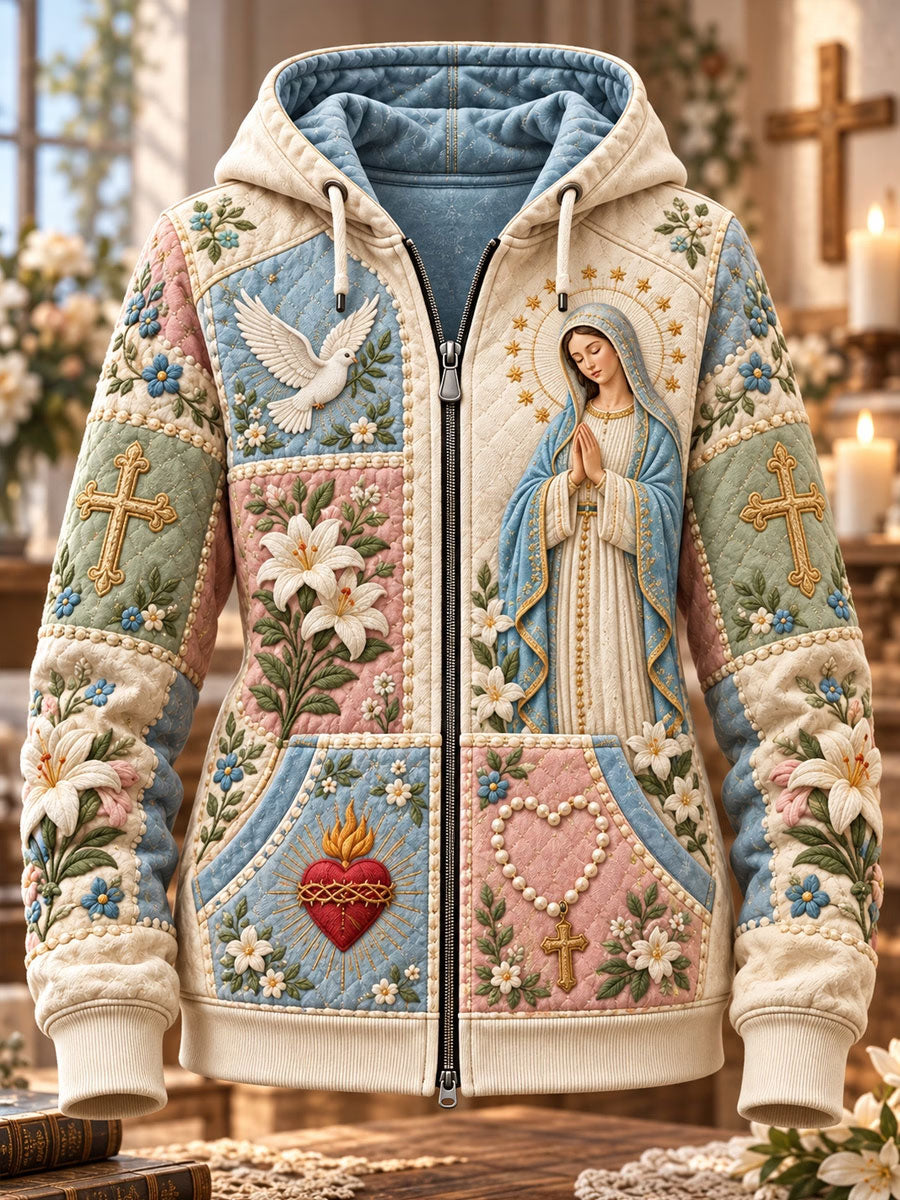 Women's Christ Floral Virgin Mary Art Print Zip-Up Hoodie