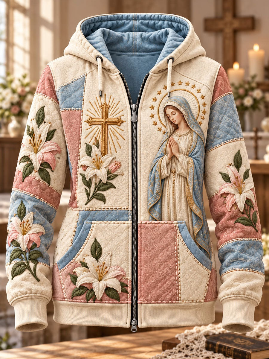 Women's Christ Floral Virgin Mary Art Print Zip-Up Hoodie