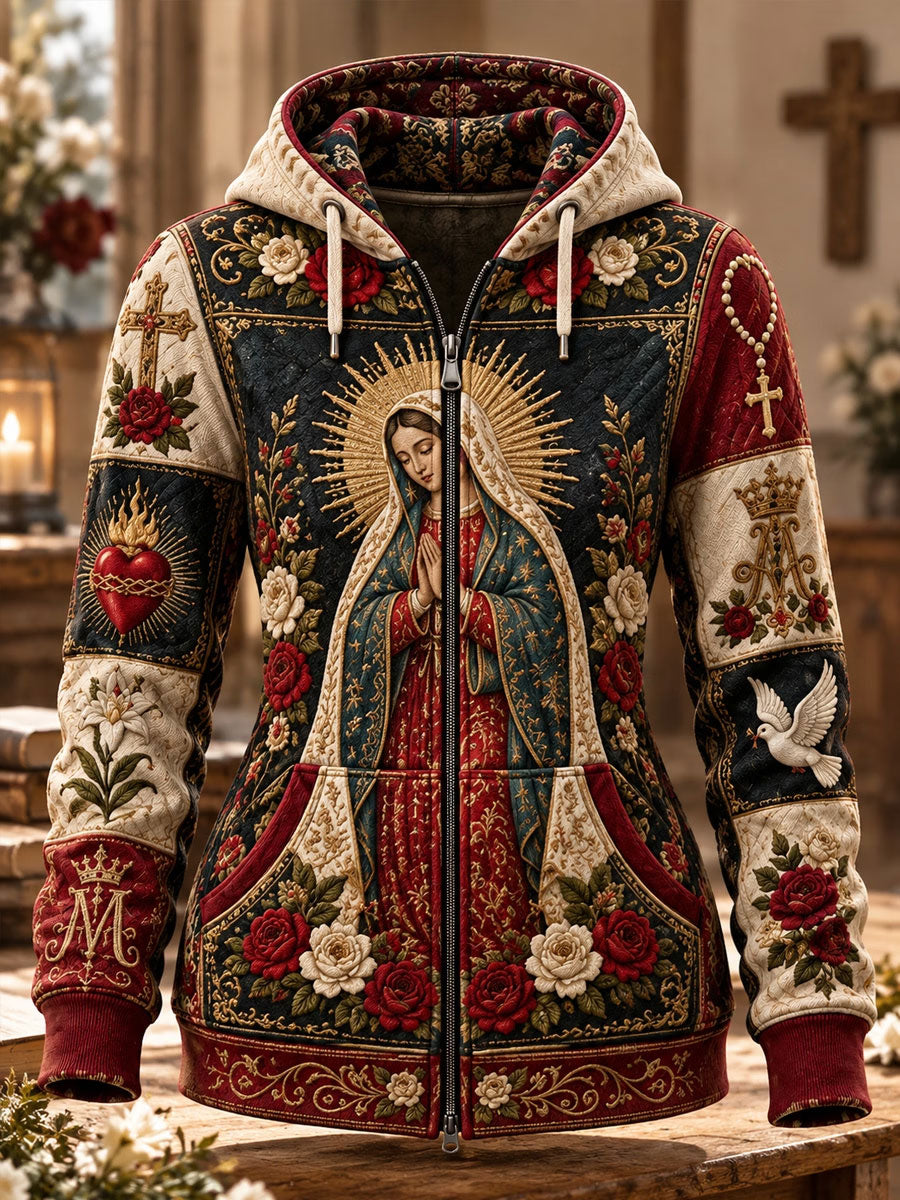 Women's Christ Floral Virgin Mary Art Print Zip-Up Hoodie