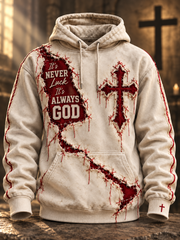 Men's Frayed Patch It's Never Luck It's Always God Cross Print Casual Hoodie