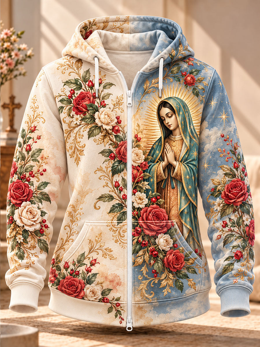 Women's Feast of Our Lady of Guadalupe art Printed Zip-Up Hoodie