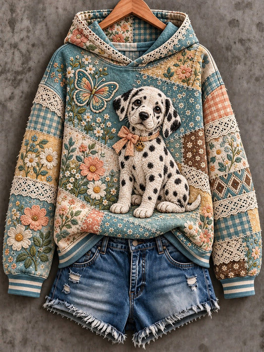 Women's Dog Floral Patchwork Printed Hoodie