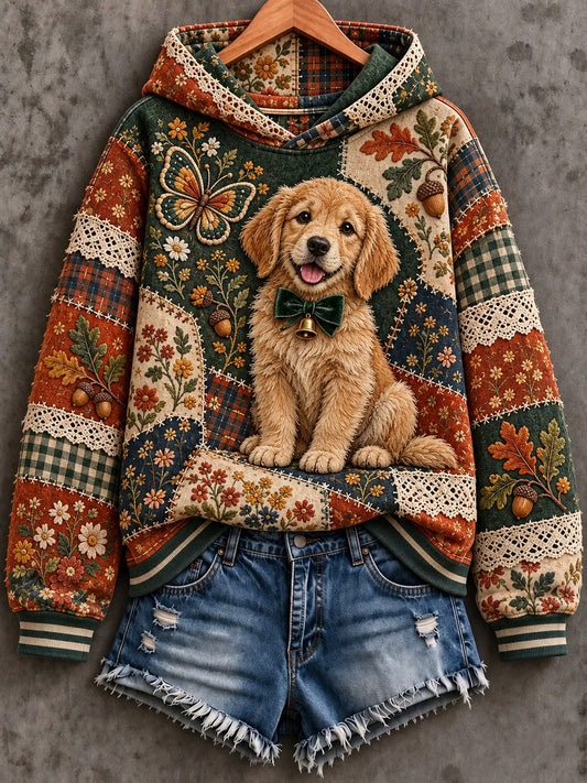 Women's Dog Floral Patchwork Printed Hoodie