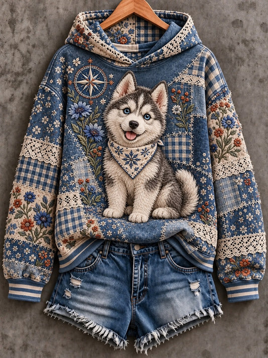 Women's Dog Floral Patchwork Printed Hoodie