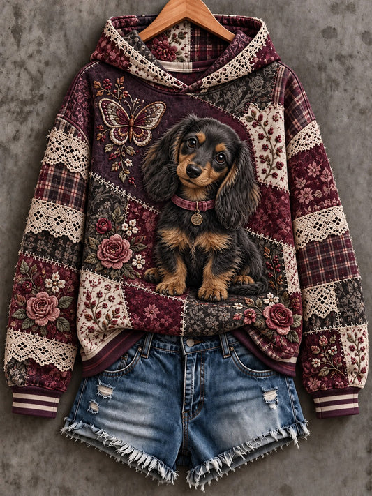Women's Dog Floral Patchwork Printed Hoodie
