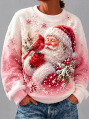 Women's Christmas Santa Claus And Cardinalis Cardinalis Print Casual Flannel Sweatshirt