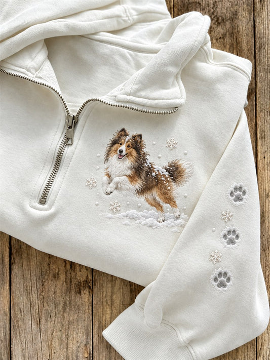 Women's Snowy Winter Sheltie Dog in the Snow Print Zip Up Sweatshirt