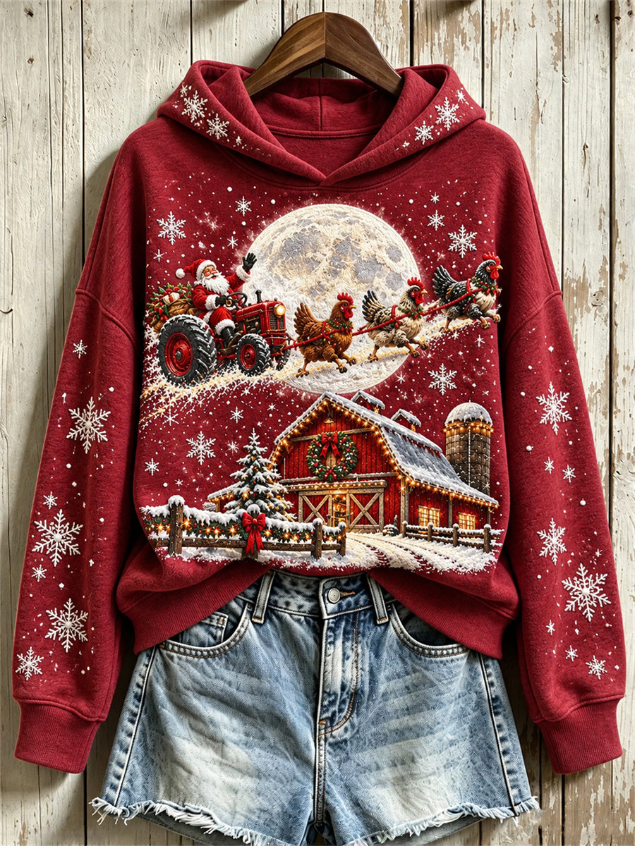 Women's Vintage Farm Christmas Santa Claus on Truck with Chickens Print Hoodie