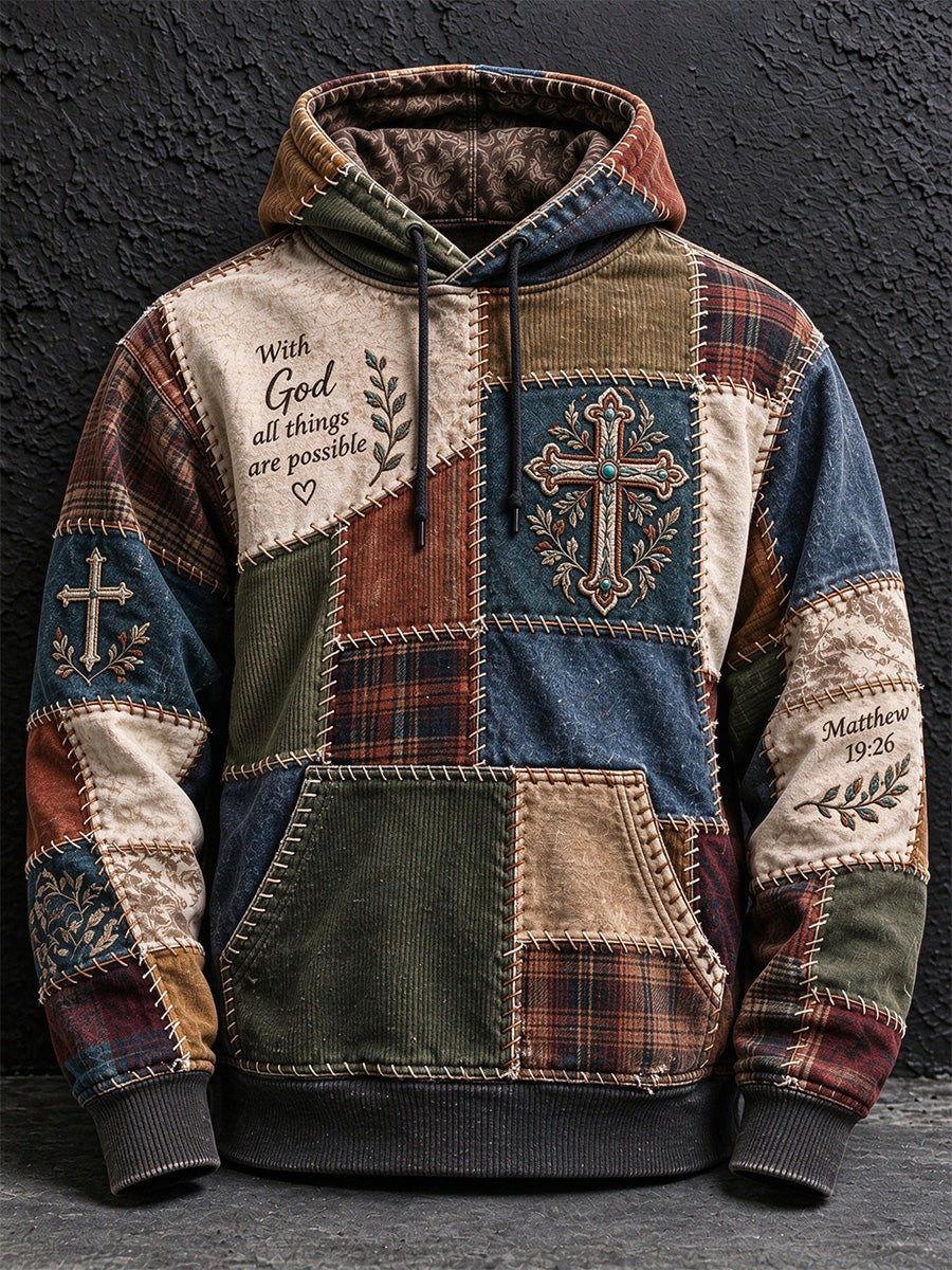 Men's Vintage With God All Things Are Possible Patchwork Print Hoodie