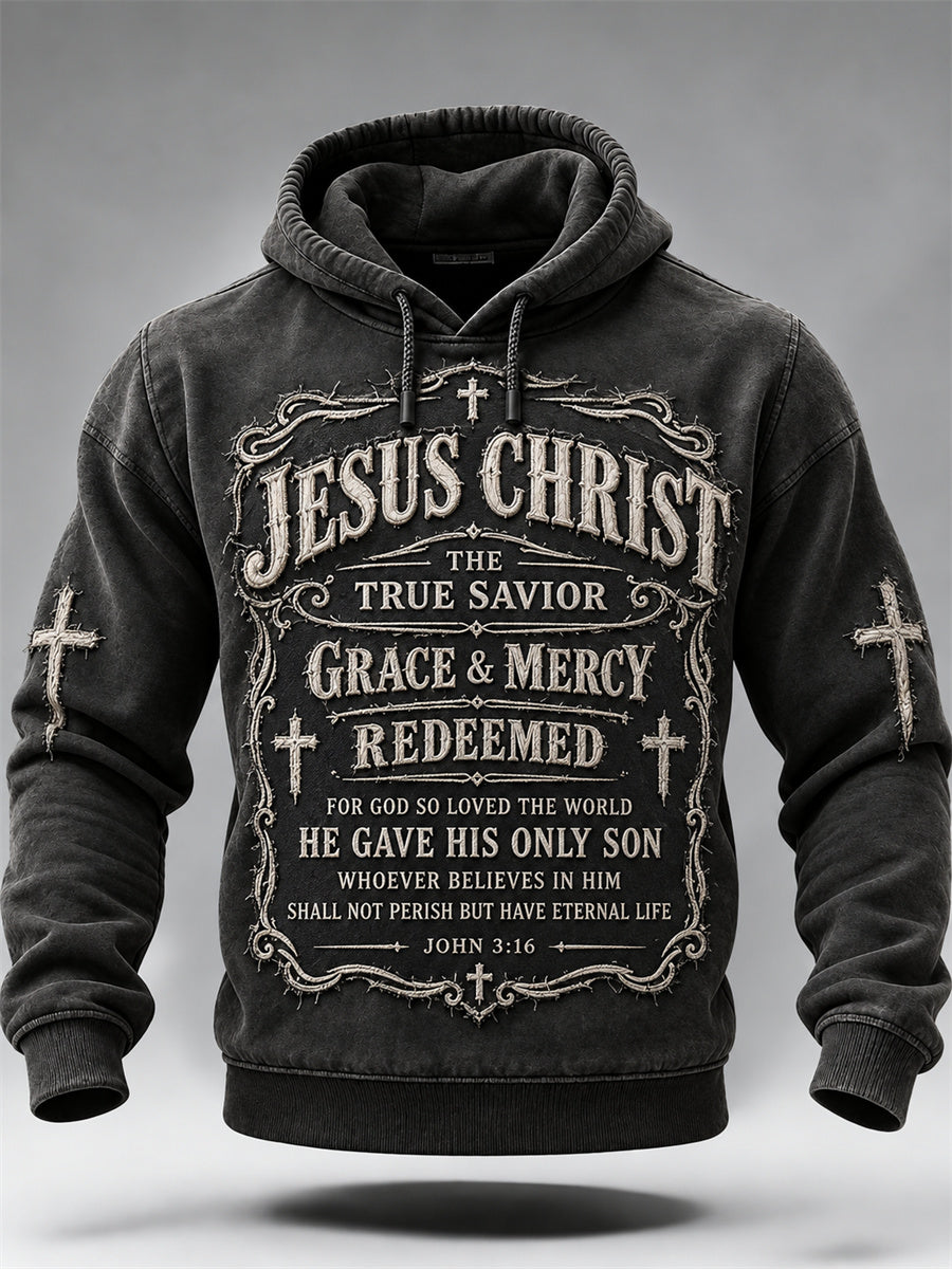 Men's Vintage Jesus The True Savior Christian Print Hoodie