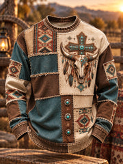Men's Vintage Western Patchwork Bull Skull Cross Print Sweatshirt