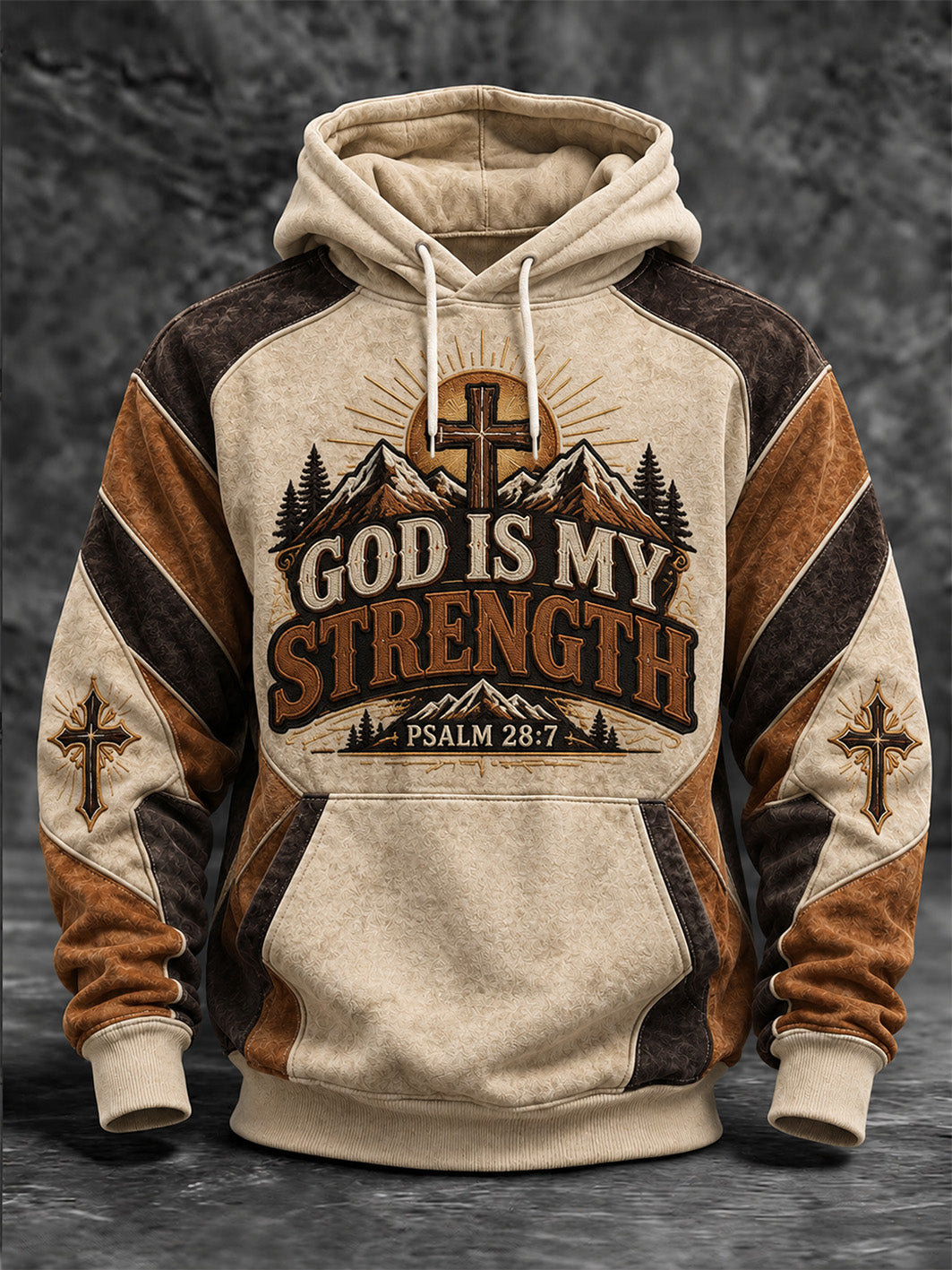Men's God Is My Strength Slogan Cross Pattern Color-Blocking Design Casual Hoodie