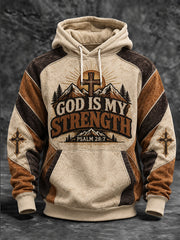 Men's God Is My Strength Slogan Cross Pattern Color-Blocking Design Casual Hoodie